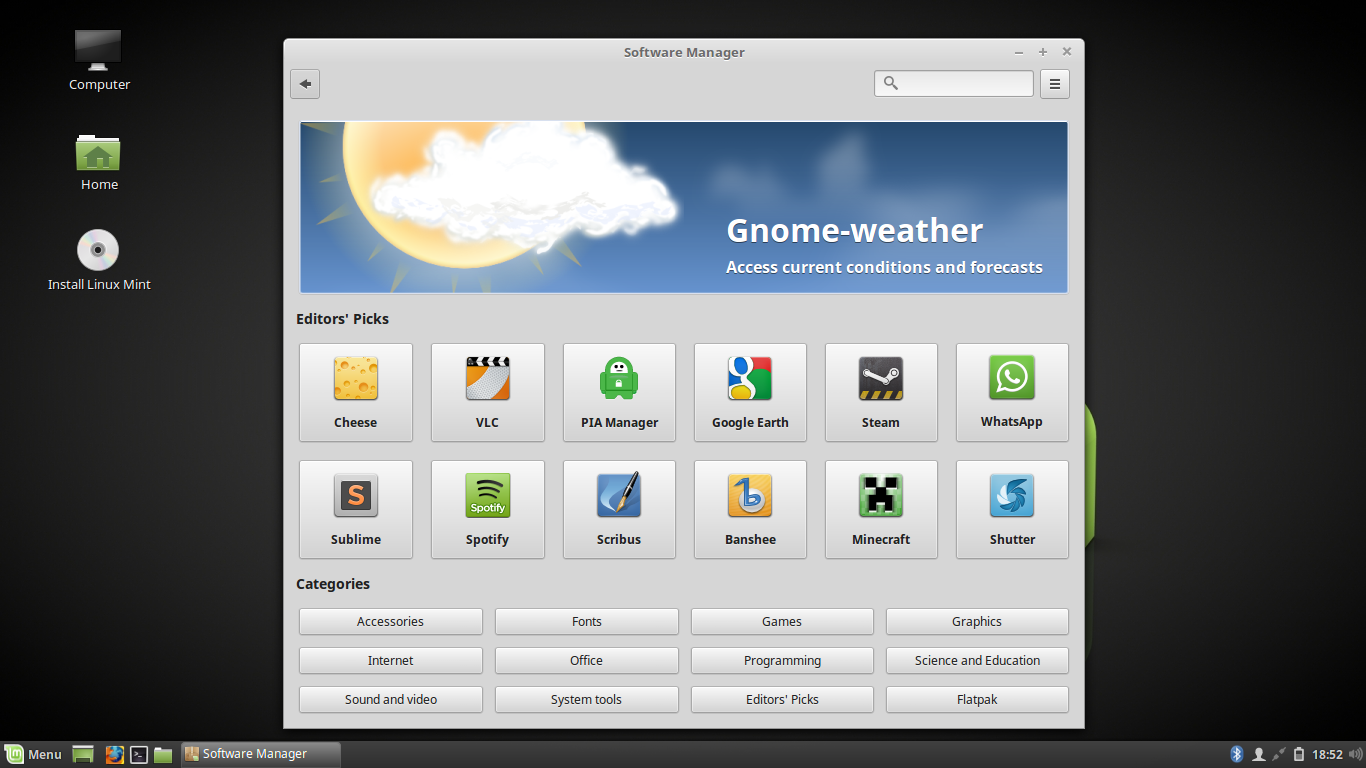 Programhanteraren i Linux Mint med sökfält, kategorier och rekommenderade program som ikoner att klicka på för att installera