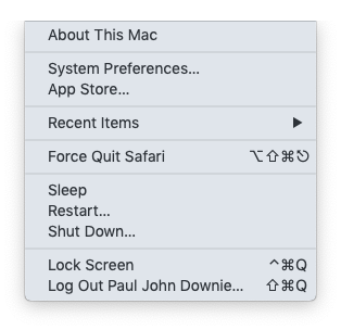 Apple-menyn i macOS, där Systeminställningar/Systempreferenser alltid är startpunkten för allt i den här guiden
